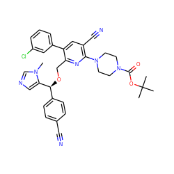 Cn1cncc1[C@@H](OCc1nc(N2CCN(C(=O)OC(C)(C)C)CC2)c(C#N)cc1-c1cccc(Cl)c1)c1ccc(C#N)cc1 ZINC000029341198