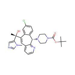 Cn1cncc1[C@](C)(O)C1=Cc2cccnc2[C@@H](N2CCN(C(=O)OC(C)(C)C)CC2)c2ccc(Cl)cc21 ZINC000103263801