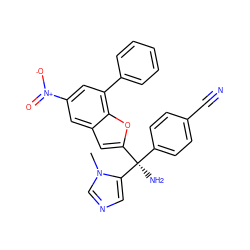 Cn1cncc1[C@](N)(c1ccc(C#N)cc1)c1cc2cc([N+](=O)[O-])cc(-c3ccccc3)c2o1 ZINC000011687390