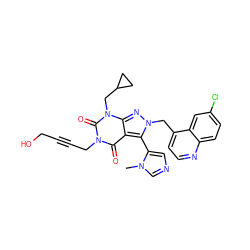 Cn1cncc1-c1c2c(=O)n(CC#CCO)c(=O)n(CC3CC3)c2nn1Cc1ccnc2ccc(Cl)cc12 ZINC000084730409