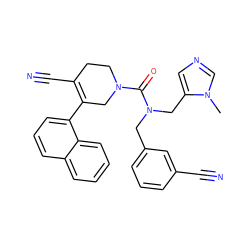 Cn1cncc1CN(Cc1cccc(C#N)c1)C(=O)N1CCC(C#N)=C(c2cccc3ccccc23)C1 ZINC000013489038