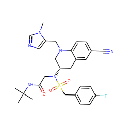 Cn1cncc1CN1C[C@@H](N(CC(=O)NC(C)(C)C)S(=O)(=O)Cc2ccc(F)cc2)Cc2cc(C#N)ccc21 ZINC000014952369