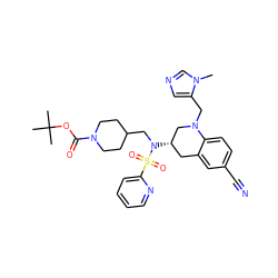 Cn1cncc1CN1C[C@@H](N(CC2CCN(C(=O)OC(C)(C)C)CC2)S(=O)(=O)c2ccccn2)Cc2cc(C#N)ccc21 ZINC000028814978