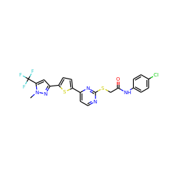 Cn1nc(-c2ccc(-c3ccnc(SCC(=O)Nc4ccc(Cl)cc4)n3)s2)cc1C(F)(F)F ZINC000001038692