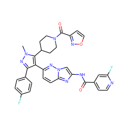 Cn1nc(-c2ccc(F)cc2)c(-c2ccc3nc(NC(=O)c4ccnc(F)c4)cn3n2)c1C1CCN(C(=O)c2ccon2)CC1 ZINC001772609779