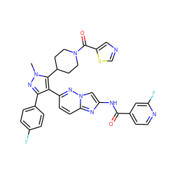 Cn1nc(-c2ccc(F)cc2)c(-c2ccc3nc(NC(=O)c4ccnc(F)c4)cn3n2)c1C1CCN(C(=O)c2cncs2)CC1 ZINC001772617122