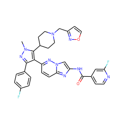 Cn1nc(-c2ccc(F)cc2)c(-c2ccc3nc(NC(=O)c4ccnc(F)c4)cn3n2)c1C1CCN(Cc2ccon2)CC1 ZINC000220063496