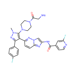 Cn1nc(-c2ccc(F)cc2)c(-c2ccc3nc(NC(=O)c4ccnc(F)c4)cn3n2)c1N1CCN(C(=O)CN)CC1 ZINC000209685215