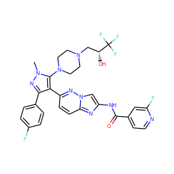 Cn1nc(-c2ccc(F)cc2)c(-c2ccc3nc(NC(=O)c4ccnc(F)c4)cn3n2)c1N1CCN(C[C@@H](O)C(F)(F)F)CC1 ZINC000220061576