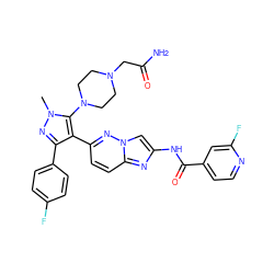 Cn1nc(-c2ccc(F)cc2)c(-c2ccc3nc(NC(=O)c4ccnc(F)c4)cn3n2)c1N1CCN(CC(N)=O)CC1 ZINC000220044432