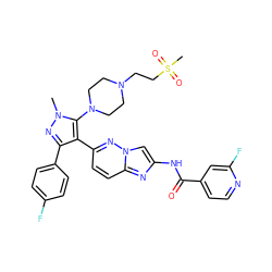 Cn1nc(-c2ccc(F)cc2)c(-c2ccc3nc(NC(=O)c4ccnc(F)c4)cn3n2)c1N1CCN(CCS(C)(=O)=O)CC1 ZINC000209685315