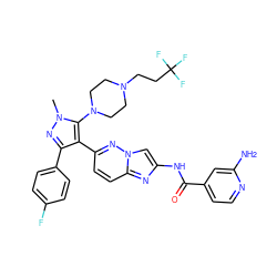 Cn1nc(-c2ccc(F)cc2)c(-c2ccc3nc(NC(=O)c4ccnc(N)c4)cn3n2)c1N1CCN(CCC(F)(F)F)CC1 ZINC000220050366