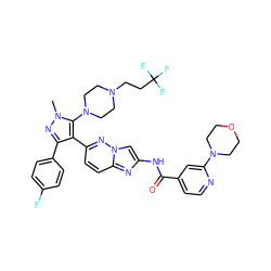 Cn1nc(-c2ccc(F)cc2)c(-c2ccc3nc(NC(=O)c4ccnc(N5CCOCC5)c4)cn3n2)c1N1CCN(CCC(F)(F)F)CC1 ZINC000209696027