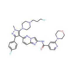 Cn1nc(-c2ccc(F)cc2)c(-c2ccc3nc(NC(=O)c4ccnc(N5CCOCC5)c4)cn3n2)c1N1CCN(CCCF)CC1 ZINC000209701759