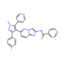 Cn1nc(-c2ccc(F)cc2)c(-c2ccc3nc(NC(=O)c4ccncc4)cn3n2)c1-c1ccncc1 ZINC001772571295