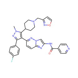 Cn1nc(-c2ccc(F)cc2)c(-c2ccc3nc(NC(=O)c4ccncc4)cn3n2)c1C1CCN(Cc2ccon2)CC1 ZINC000209708854