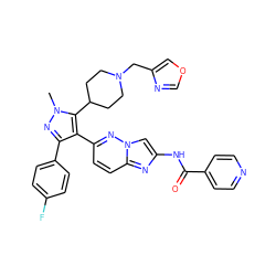 Cn1nc(-c2ccc(F)cc2)c(-c2ccc3nc(NC(=O)c4ccncc4)cn3n2)c1C1CCN(Cc2cocn2)CC1 ZINC001772585487