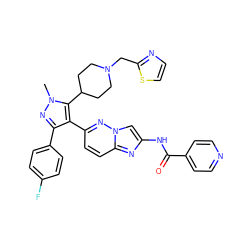 Cn1nc(-c2ccc(F)cc2)c(-c2ccc3nc(NC(=O)c4ccncc4)cn3n2)c1C1CCN(Cc2nccs2)CC1 ZINC001772613652