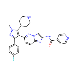 Cn1nc(-c2ccc(F)cc2)c(-c2ccc3nc(NC(=O)c4ccncc4)cn3n2)c1C1CCNCC1 ZINC000220049719