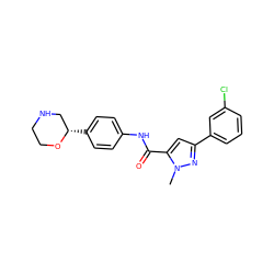 Cn1nc(-c2cccc(Cl)c2)cc1C(=O)Nc1ccc([C@H]2CNCCO2)cc1 ZINC000150243999