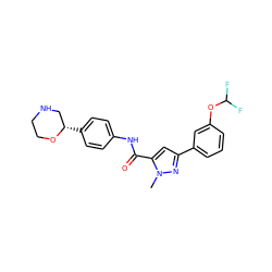 Cn1nc(-c2cccc(OC(F)F)c2)cc1C(=O)Nc1ccc([C@H]2CNCCO2)cc1 ZINC000150175316