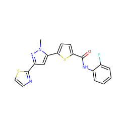 Cn1nc(-c2nccs2)cc1-c1ccc(C(=O)Nc2ccccc2F)s1 ZINC000142592183