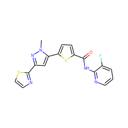 Cn1nc(-c2nccs2)cc1-c1ccc(C(=O)Nc2ncccc2F)s1 ZINC000142593940