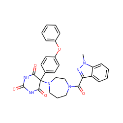 Cn1nc(C(=O)N2CCCN(C3(c4ccc(Oc5ccccc5)cc4)C(=O)NC(=O)NC3=O)CC2)c2ccccc21 ZINC000072107687