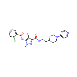 Cn1nc(C(=O)NCCC2CCN(c3ccncc3)CC2)c(Br)c1NC(=O)c1ccccc1Cl ZINC000028711990