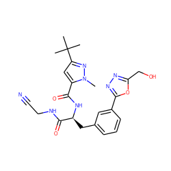 Cn1nc(C(C)(C)C)cc1C(=O)N[C@@H](Cc1cccc(-c2nnc(CO)o2)c1)C(=O)NCC#N ZINC000043020019