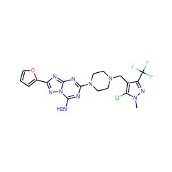 Cn1nc(C(F)(F)F)c(CN2CCN(c3nc(N)n4nc(-c5ccco5)nc4n3)CC2)c1Cl ZINC000003963002