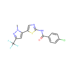 Cn1nc(C(F)(F)F)cc1-c1cnc(NC(=O)c2ccc(Cl)cc2)s1 ZINC000142675203