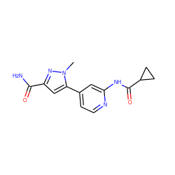 Cn1nc(C(N)=O)cc1-c1ccnc(NC(=O)C2CC2)c1 ZINC000299859239