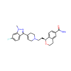 Cn1nc(C2=CCN(CC[C@@H]3OCCc4cc(C(N)=O)ccc43)CC2)c2ccc(F)cc21 ZINC000026495823