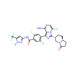 Cn1nc(NC(=O)c2cc(Cl)c(-c3nc([C@@H]4CC[C@H]5CCC(=O)N5C4)n4c(Cl)cnc(N)c34)cc2F)cc1C(F)(F)F ZINC000223328319
