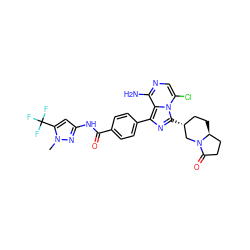 Cn1nc(NC(=O)c2ccc(-c3nc([C@@H]4CC[C@H]5CCC(=O)N5C4)n4c(Cl)cnc(N)c34)cc2)cc1C(F)(F)F ZINC000145461568