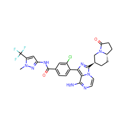 Cn1nc(NC(=O)c2ccc(-c3nc([C@@H]4CC[C@H]5CCC(=O)N5C4)n4ccnc(N)c34)c(Cl)c2)cc1C(F)(F)F ZINC000145502034