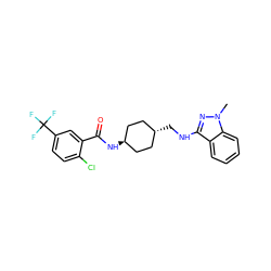 Cn1nc(NC[C@H]2CC[C@H](NC(=O)c3cc(C(F)(F)F)ccc3Cl)CC2)c2ccccc21 ZINC000261145883