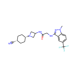 Cn1nc(NCC(=O)NC2CN([C@H]3CC[C@@H](C#N)CC3)C2)c2cc(C(F)(F)F)ccc21 ZINC000261189293