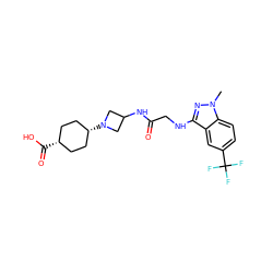 Cn1nc(NCC(=O)NC2CN([C@H]3CC[C@@H](C(=O)O)CC3)C2)c2cc(C(F)(F)F)ccc21 ZINC000261187605