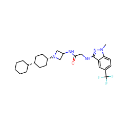 Cn1nc(NCC(=O)NC2CN([C@H]3CC[C@@H](C4CCCCC4)CC3)C2)c2cc(C(F)(F)F)ccc21 ZINC000261080427