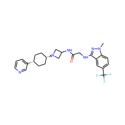 Cn1nc(NCC(=O)NC2CN([C@H]3CC[C@@H](c4cccnc4)CC3)C2)c2cc(C(F)(F)F)ccc21 ZINC000261091665