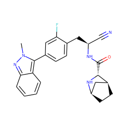 Cn1nc2ccccc2c1-c1ccc(C[C@@H](C#N)NC(=O)[C@H]2N[C@@H]3CC[C@H]2C3)c(F)c1 ZINC000219321326