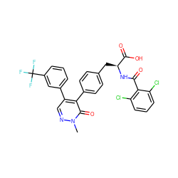 Cn1ncc(-c2cccc(C(F)(F)F)c2)c(-c2ccc(C[C@H](NC(=O)c3c(Cl)cccc3Cl)C(=O)O)cc2)c1=O ZINC000029127652