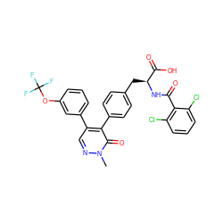 Cn1ncc(-c2cccc(OC(F)(F)F)c2)c(-c2ccc(C[C@H](NC(=O)c3c(Cl)cccc3Cl)C(=O)O)cc2)c1=O ZINC000029127698