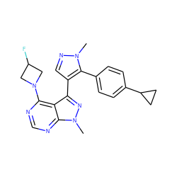 Cn1ncc(-c2nn(C)c3ncnc(N4CC(F)C4)c23)c1-c1ccc(C2CC2)cc1 ZINC000169706068