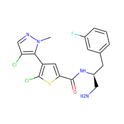 Cn1ncc(Cl)c1-c1cc(C(=O)N[C@H](CN)Cc2cccc(F)c2)sc1Cl ZINC000043197674