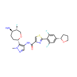 Cn1ncc(NC(=O)c2csc(-c3c(F)cc([C@@H]4CCCO4)cc3F)n2)c1[C@@H]1CC[C@@H](N)[C@H](F)CO1 ZINC000221414477