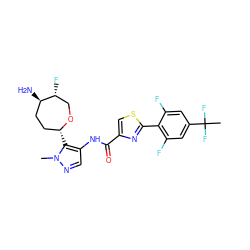 Cn1ncc(NC(=O)c2csc(-c3c(F)cc(C(C)(F)F)cc3F)n2)c1[C@@H]1CC[C@@H](N)[C@H](F)CO1 ZINC000221378890