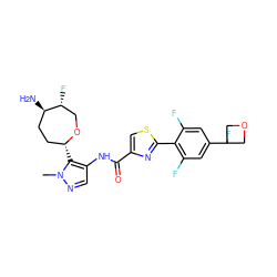 Cn1ncc(NC(=O)c2csc(-c3c(F)cc(C4(F)COC4)cc3F)n2)c1[C@@H]1CC[C@@H](N)[C@H](F)CO1 ZINC000221419731